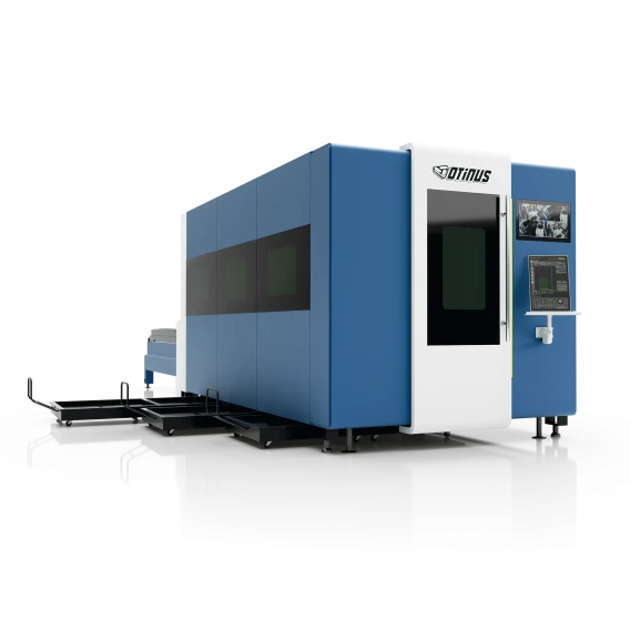Enclosed Otinus CNC laser cutting machine with protective housing, external touchscreen control panel, and shuttle table system for safe and efficient sheet metal processing.