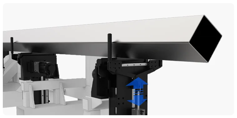 Profile support holder in the Otinus tube and profile laser cutting machine, with the vertical adjustment range clearly highlighted.
