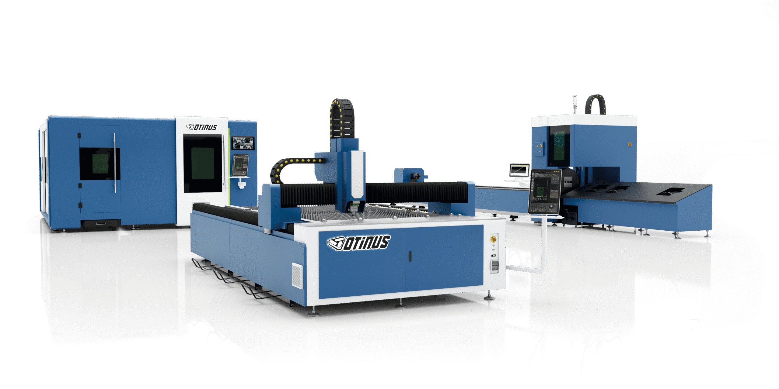 Otinus CNC laser cutting machines lineup, including enclosed and open-bed industrial laser systems.