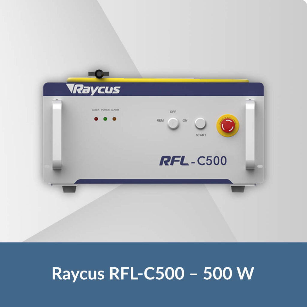 Raycus RFL-C500 fiber laser source with 500 W output, ideal for precise, energy-efficient laser cutting and marking applications in light industrial use.