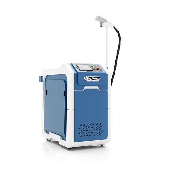 Otinus laser cleaning machine with mobile cabinet, touchscreen control panel, and handheld laser cleaning head, isolated on a transparent background.