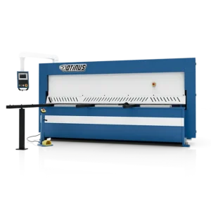 Otinus industrial hydraulic guillotine shear with CNC control panel, front support table, and safety features, shown isolated on a transparent background.