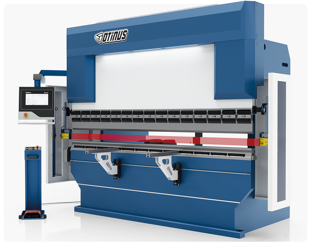 Otinus hydraulic press brake with CNC control panel, front safety light curtain, and adjustable backgauge, designed for precise and safe sheet metal bending.