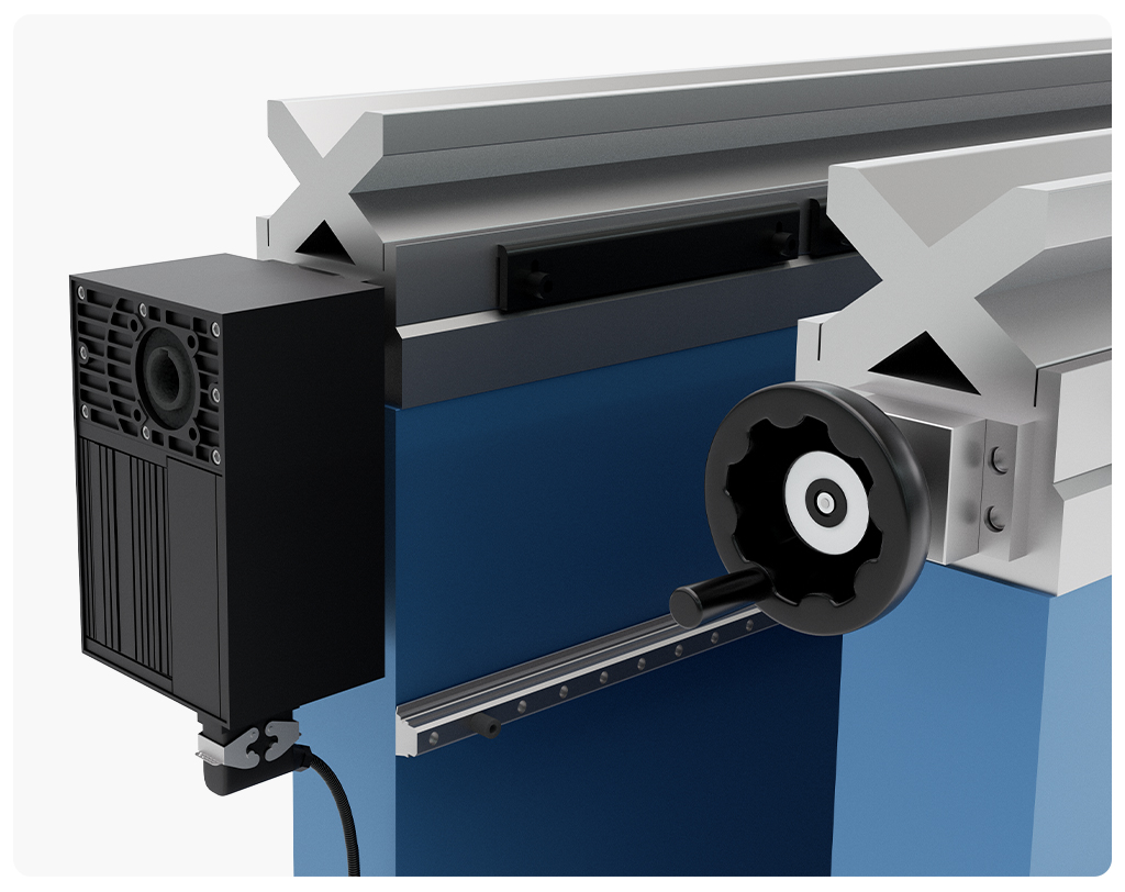 Manual backgauge adjustment system on a press brake with handwheel and linear guide, enabling precise positioning of sheet metal during bending operations.