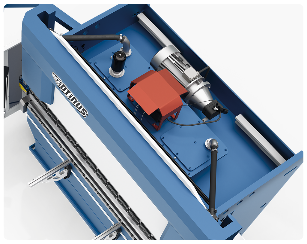 Top view of an Otinus hydraulic press brake showing the integrated hydraulic power unit with motor, pump, oil tank, and hydraulic lines mounted inside the machine frame.