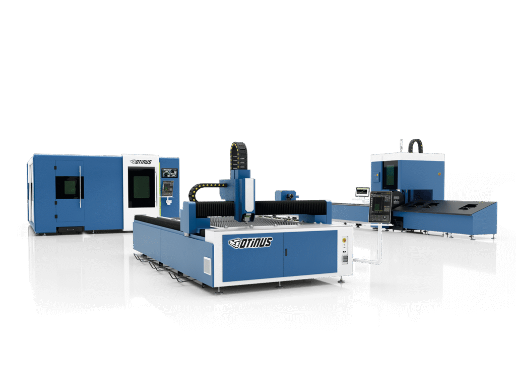 Otinus CNC laser cutting machines in multiple configurations, including open, enclosed, and automated systems, designed for flexible and high-precision sheet metal processing.