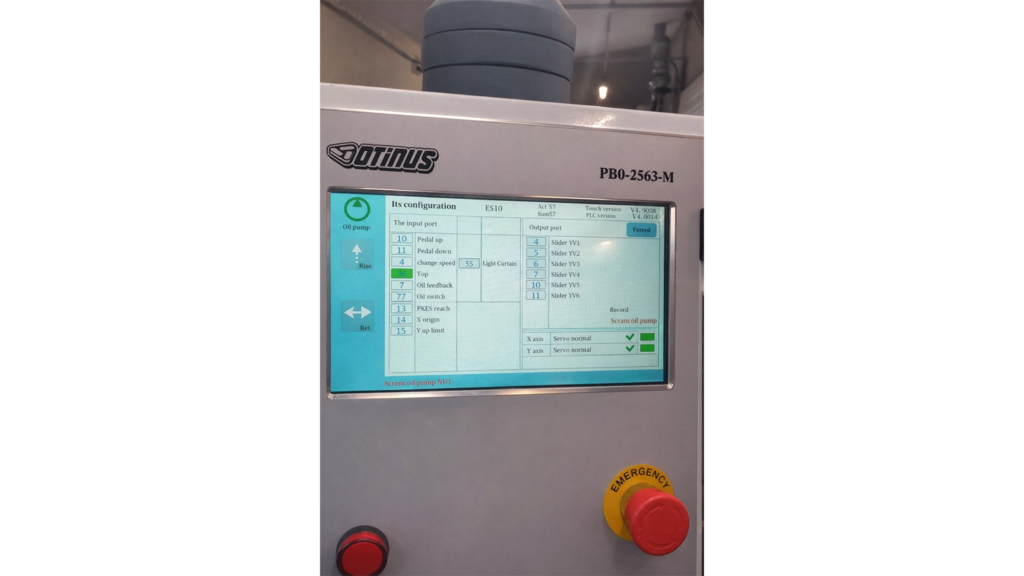 Delem DA-58T control panel screen on an Otinus press brake, showing axis settings, speeds, operating limits, and motion parameters for precise sheet metal bending.