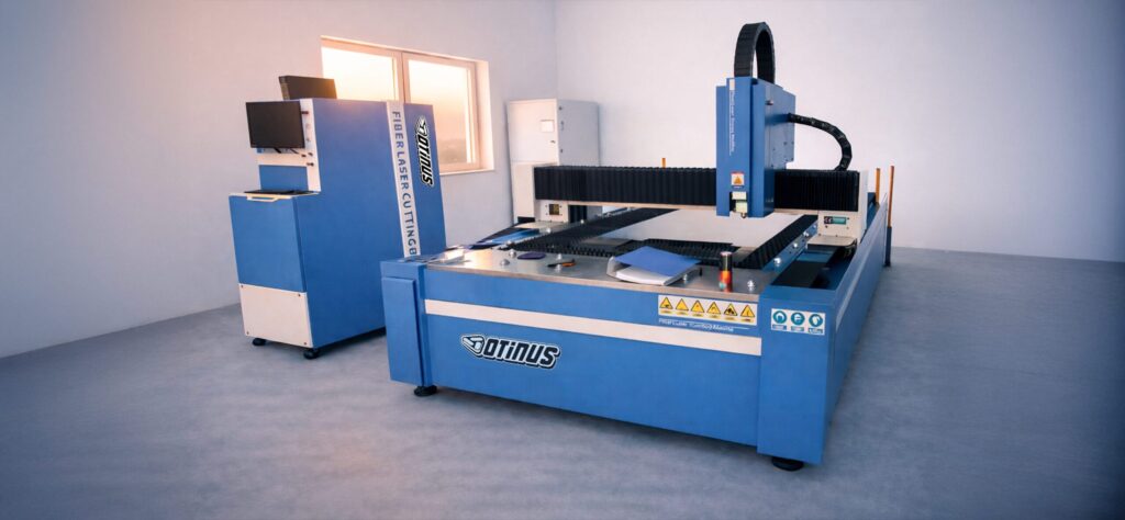 An open CNC Otinus laser cutting machine for precise sheet metal cutting, equipped with a fiber laser source and a robust industrial-grade construction, presented in a modern production hall.