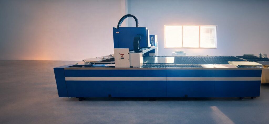 An open fiber CNC laser cutting machine for precise sheet metal cutting, distinguished by a large working area, a stable construction, and a modern gantry system in a professional production environment.