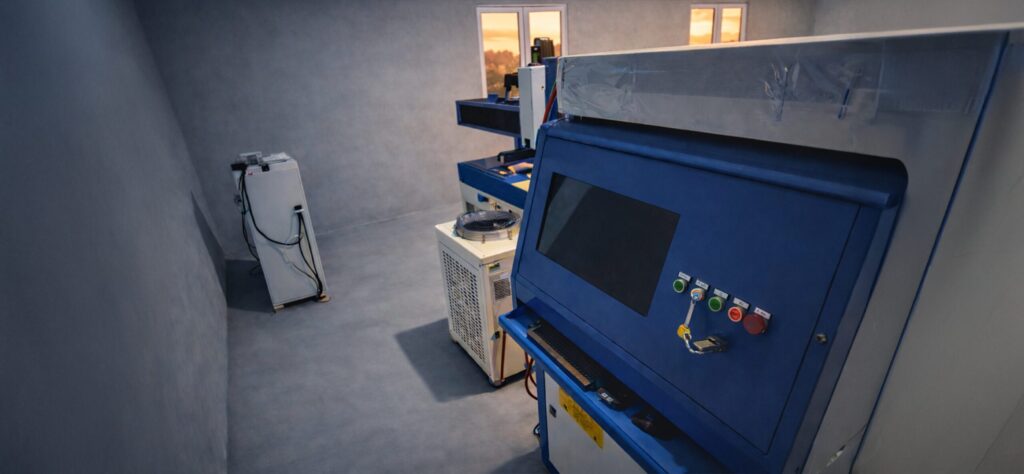 A laser cutting workstation by Otinus with an open enclosure and a CNC control panel, prepared for precise metal processing under controlled production conditions.