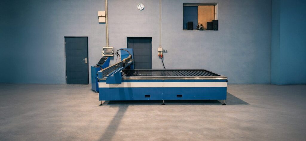 Modern CNC plasma cutting machine with a water table, installed in a production hall and designed for precise sheet metal cutting in industrial conditions.