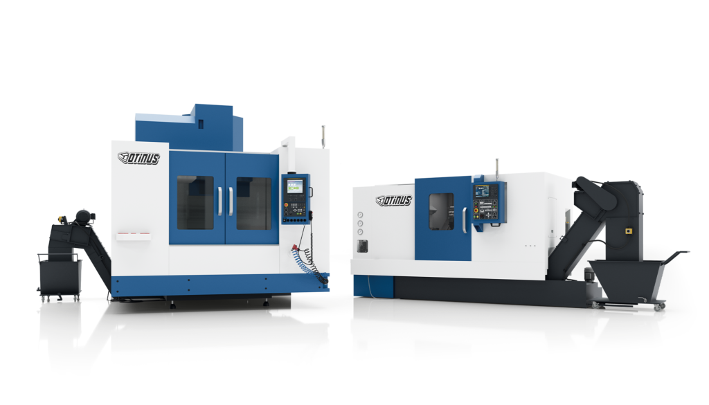 Otinus CNC milling machine and lathe in white-and-blue enclosures positioned side by side, both equipped with chip conveyors and CNC control panels.