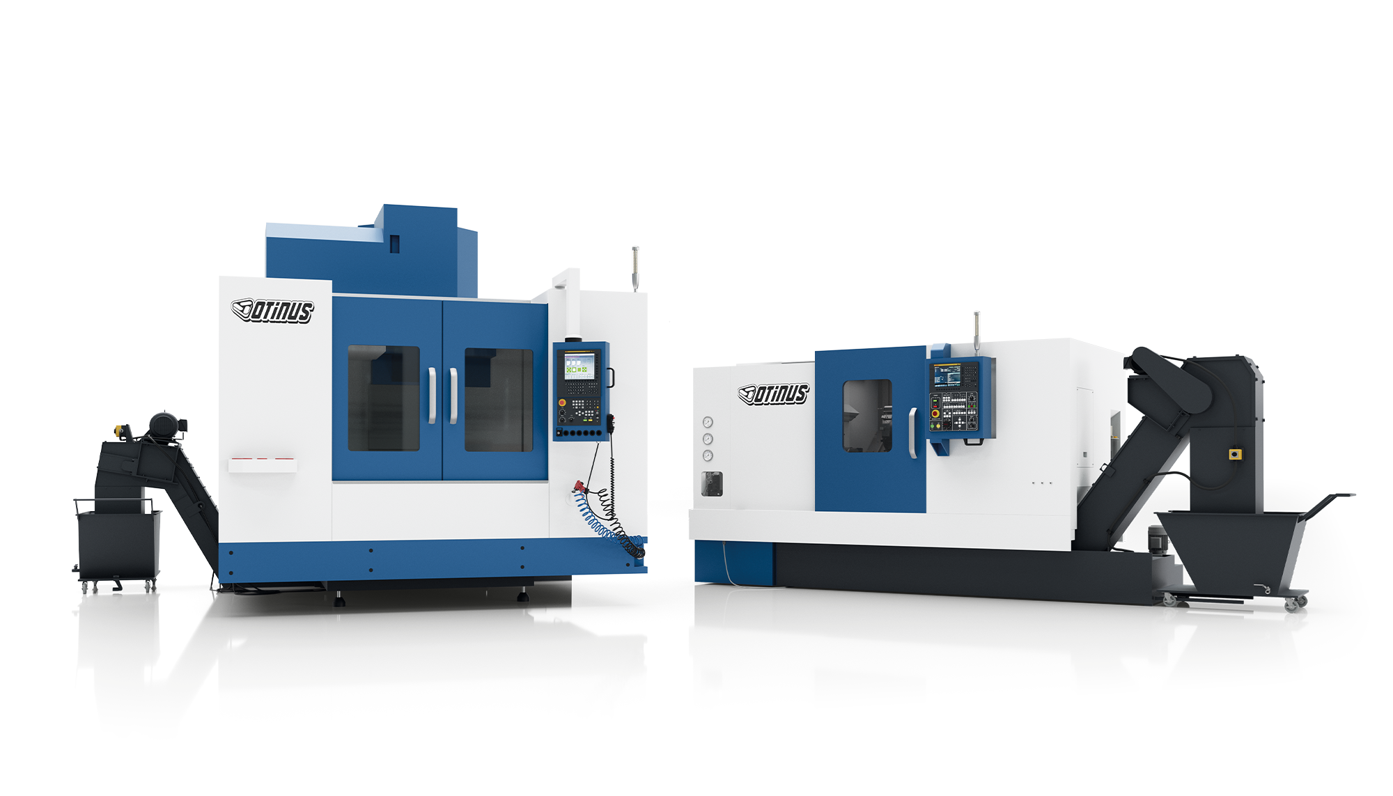 Otinus CNC milling machine and lathe in white-and-blue enclosures positioned side by side, both equipped with chip conveyors and CNC control panels.