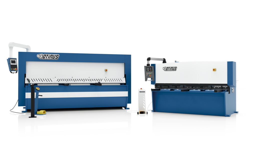 Otinus sheet metal guillotines in a white-and-blue color scheme, positioned side by side with visible control panels and worktables.