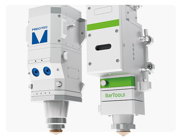 Precitec and Raytools laser cutting heads shown side by side, designed for high-precision fiber laser cutting across a wide range of power levels in industrial laser cutting machines.