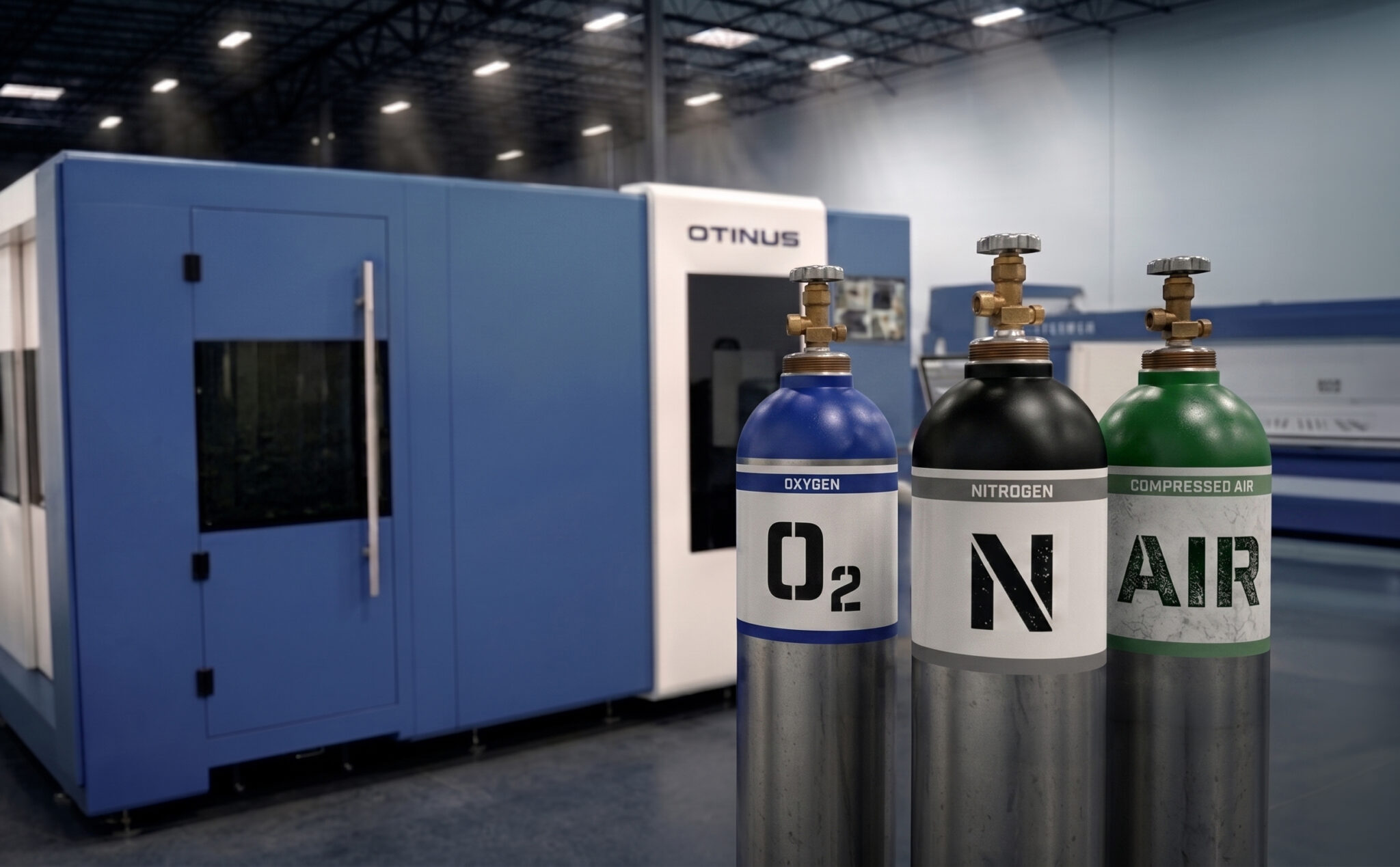 Otinus fiber laser cutting machine in a manufacturing facility with oxygen, nitrogen, and compressed air gas cylinders in the foreground